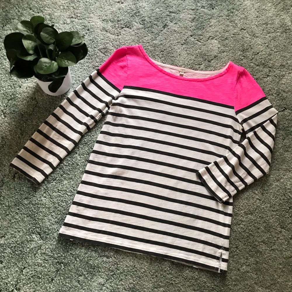 J. CREW Tee, Neon Pink, Cream & Black Striped T-Shirt, 3/4 Sleeves, XS